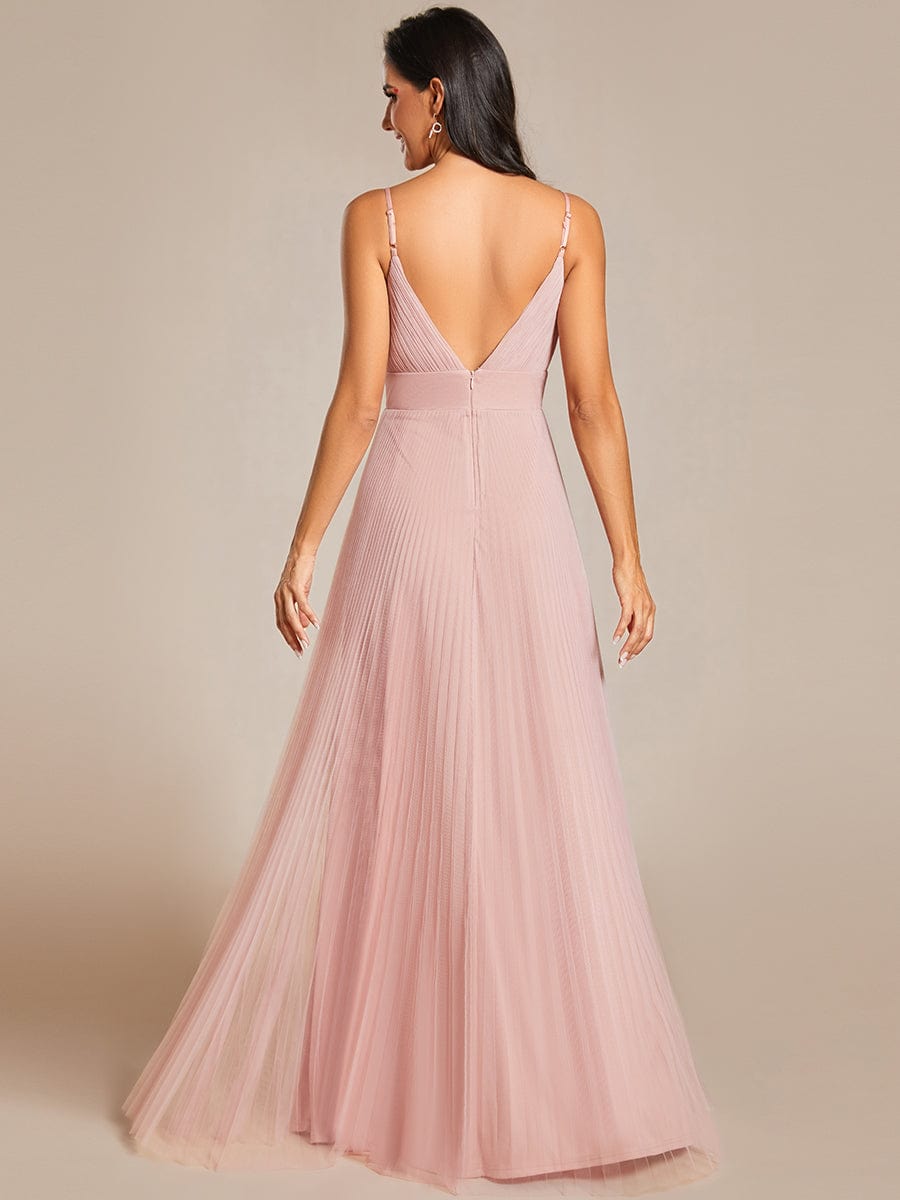 Tulle V-Neck Sleeveless Bridesmaid Dress with Pleats