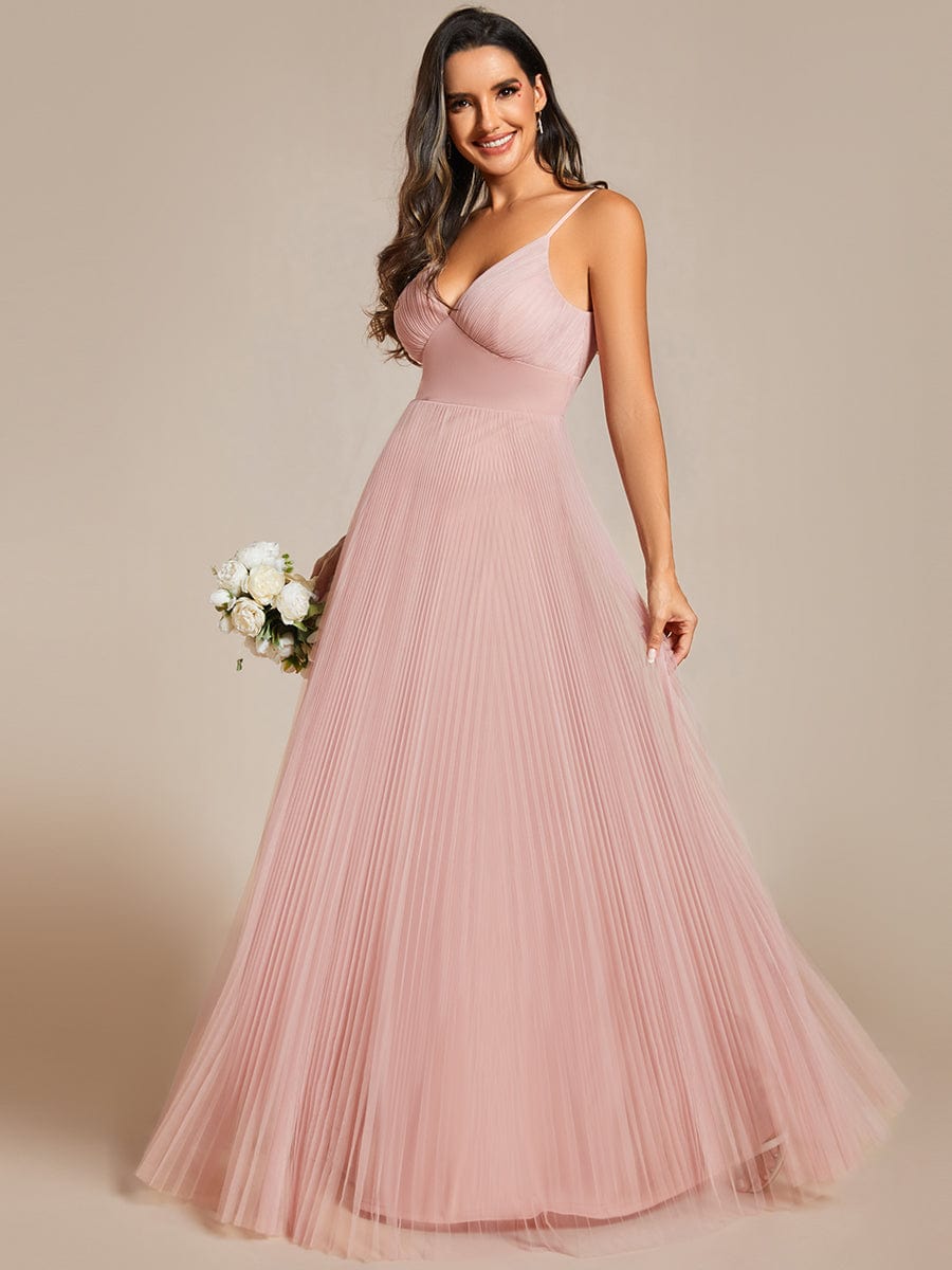 Tulle V-Neck Sleeveless Bridesmaid Dress with Pleats