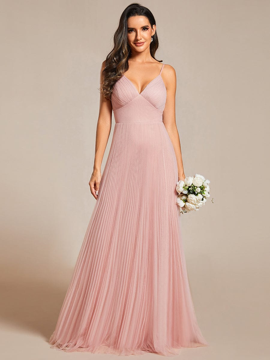 Tulle V-Neck Sleeveless Bridesmaid Dress with Pleats