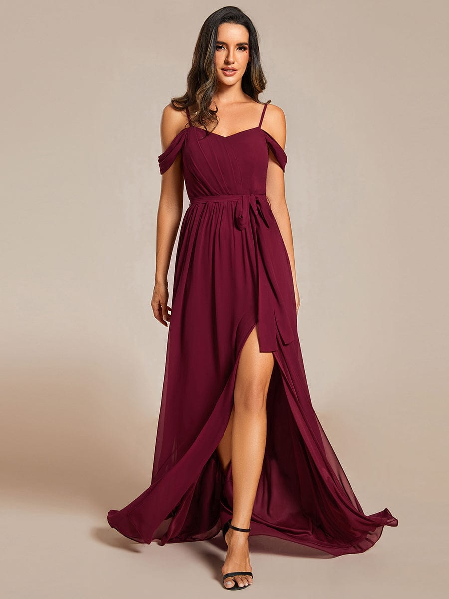 Chiffon V-Neck Spaghetti Strap Bridesmaid Dress with High Slit