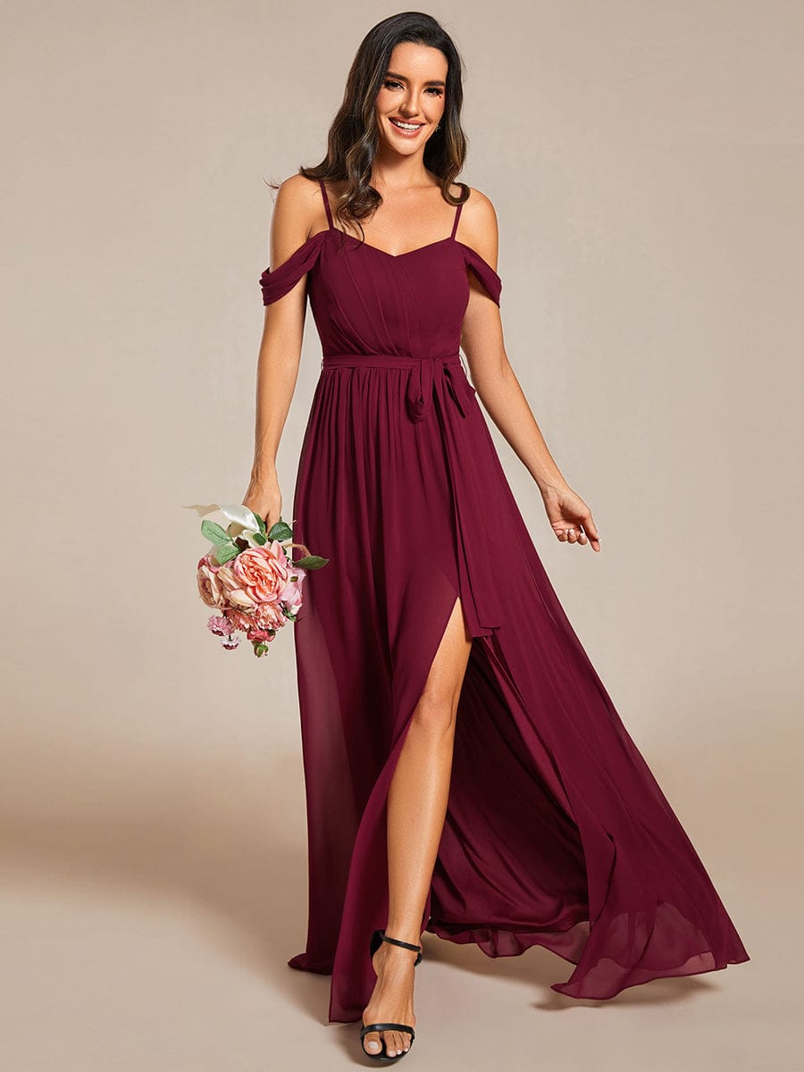 Chiffon V-Neck Spaghetti Strap Bridesmaid Dress with High Slit