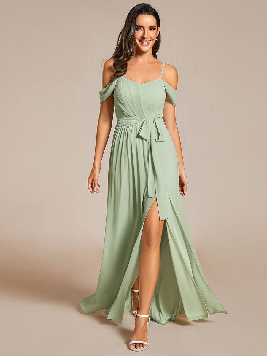 Chiffon V-Neck Spaghetti Strap Bridesmaid Dress with High Slit