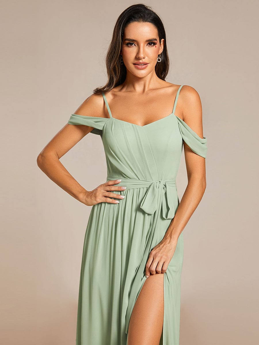 Chiffon V-Neck Spaghetti Strap Bridesmaid Dress with High Slit