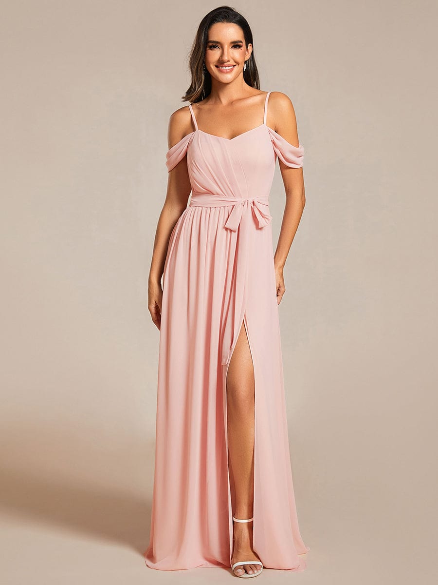 Chiffon V-Neck Spaghetti Strap Bridesmaid Dress with High Slit