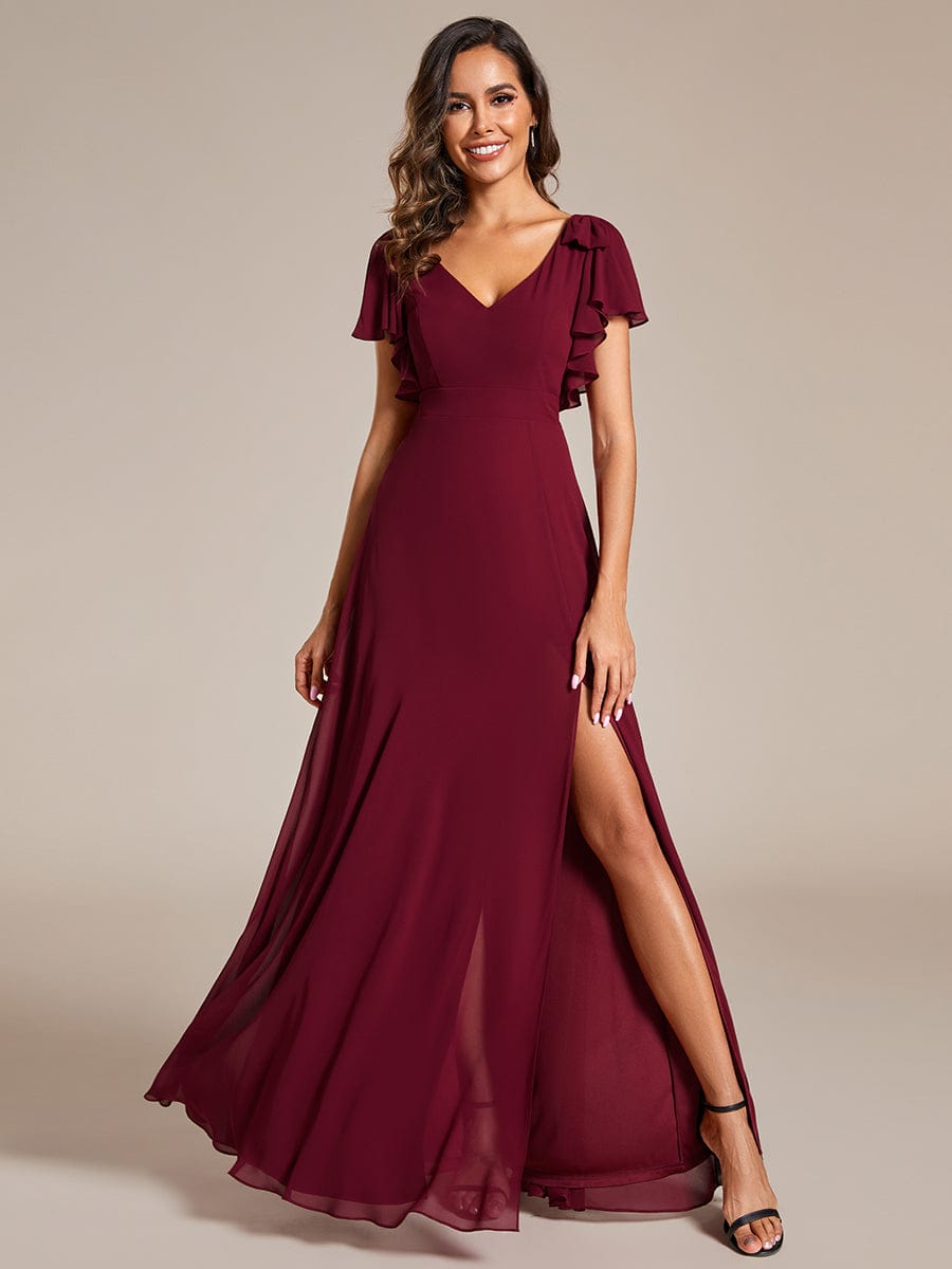 Double V-Neck High Split Bridesmaid Dress with Ribbon Bow