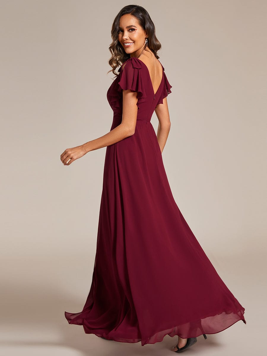 Double V-Neck High Split Bridesmaid Dress with Ribbon Bow