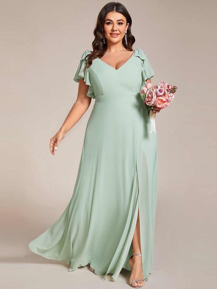 Plus Size Double V-Neck High Split Bridesmaid Dress with Ribbon Bow