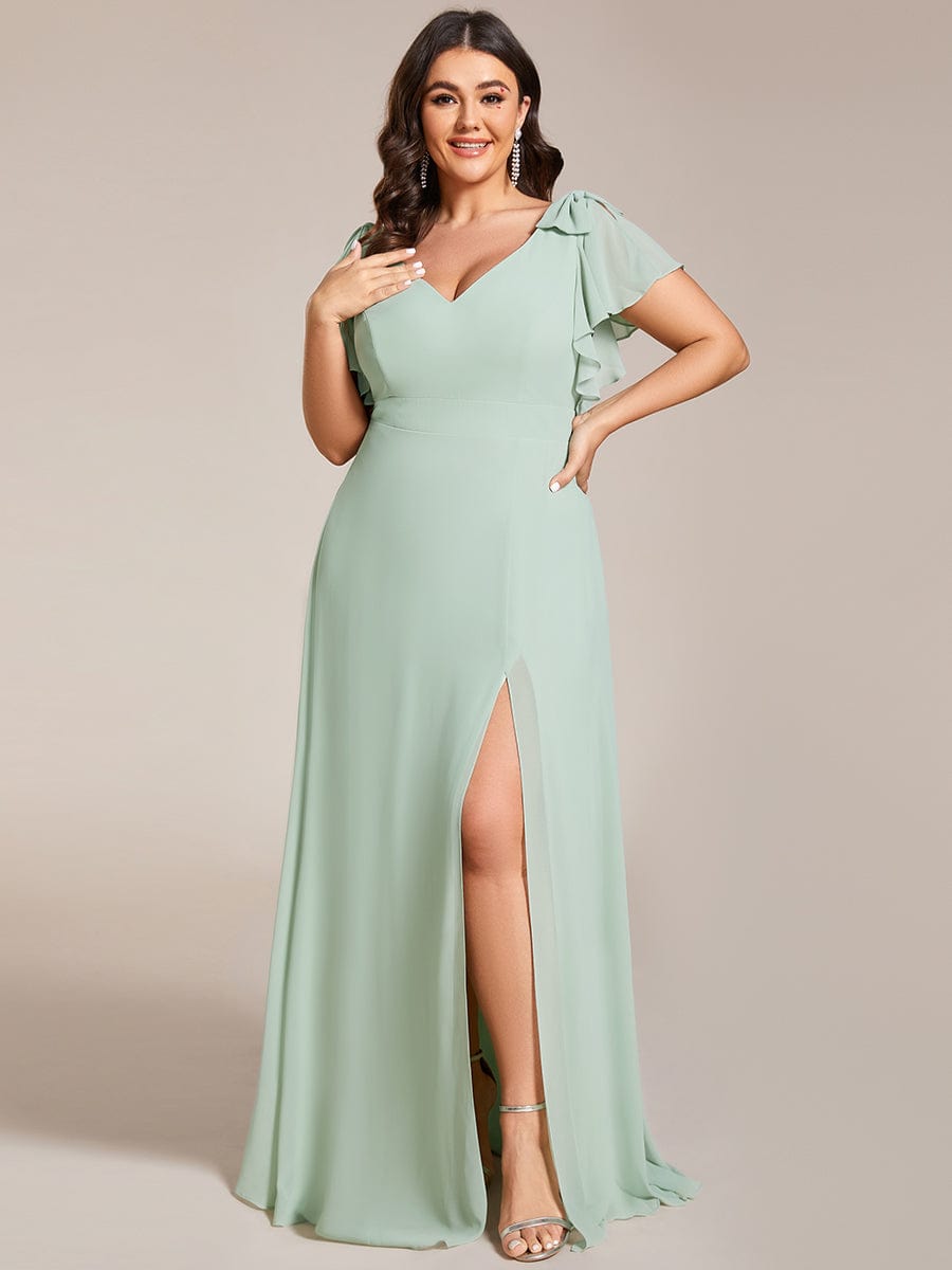 Double V-Neck High Split Bridesmaid Dress with Ribbon Bow