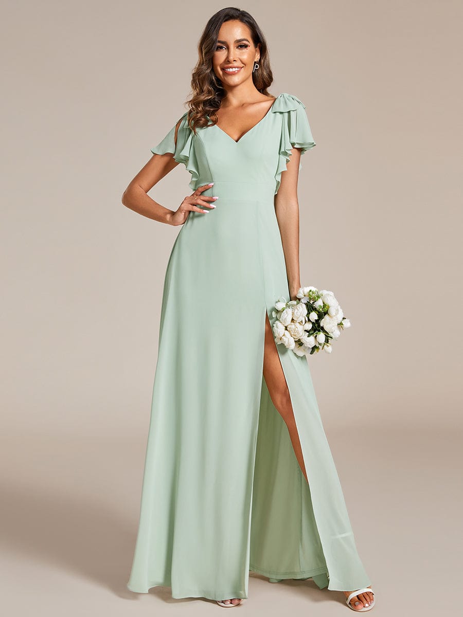 Double V-Neck High Split Bridesmaid Dress with Ribbon Bow