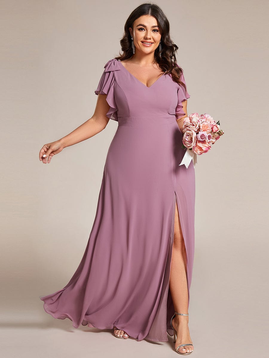 Double V-Neck High Split Bridesmaid Dress with Ribbon Bow