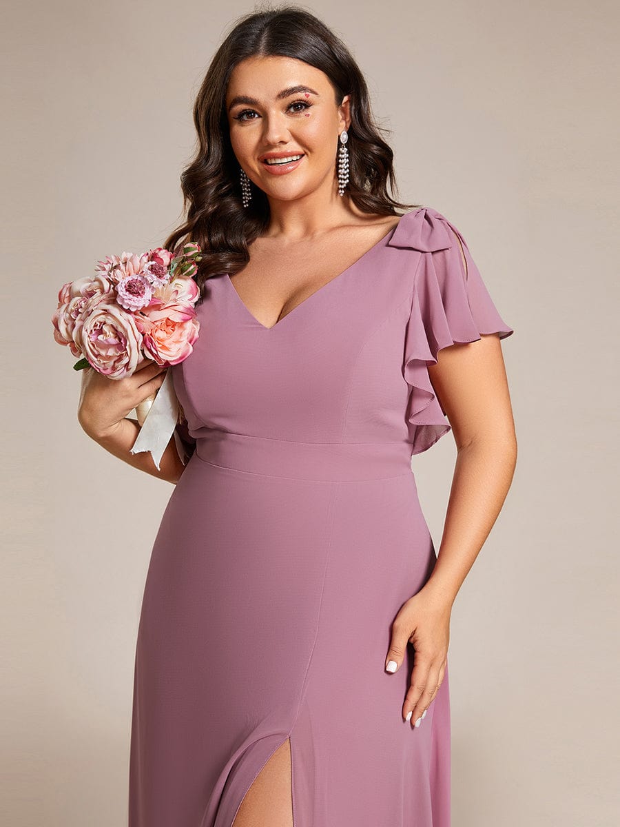 Plus Size Double V-Neck High Split Bridesmaid Dress with Ribbon Bow