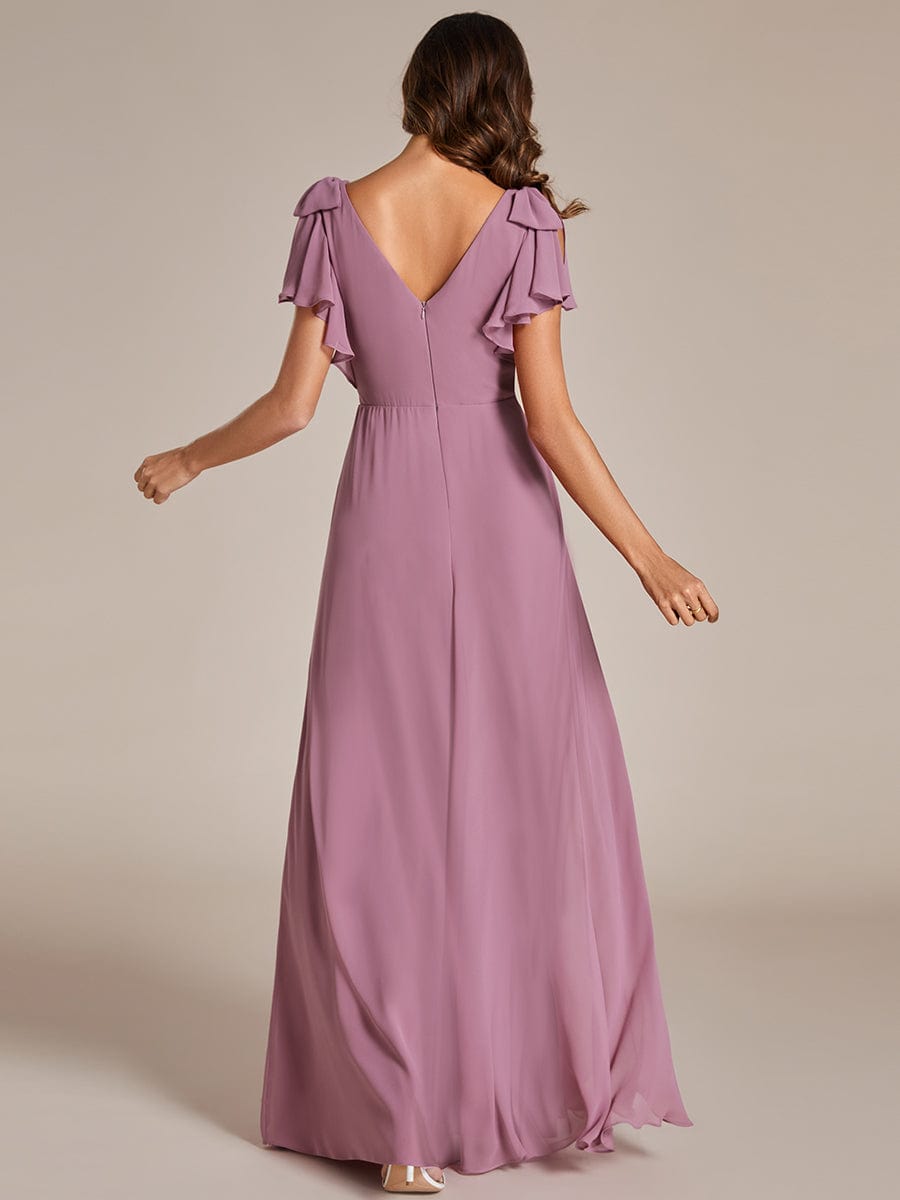 Double V-Neck High Split Bridesmaid Dress with Ribbon Bow