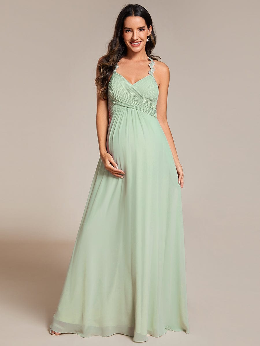 Backless Floral Halter Neck Pleated Bridesmaid Dress with V-Neck