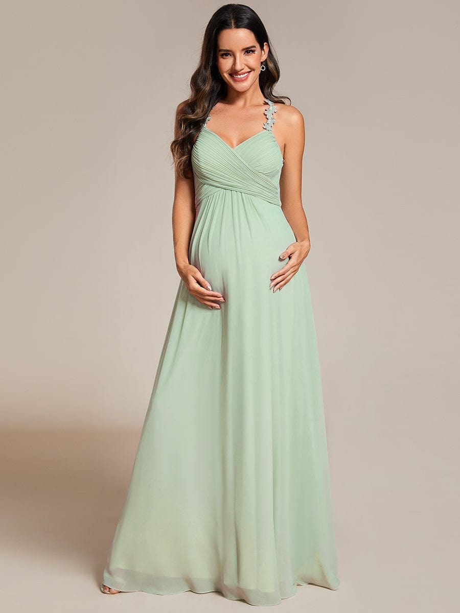 Backless Floral Halter Neck Pleated Bridesmaid Dress with V-Neck