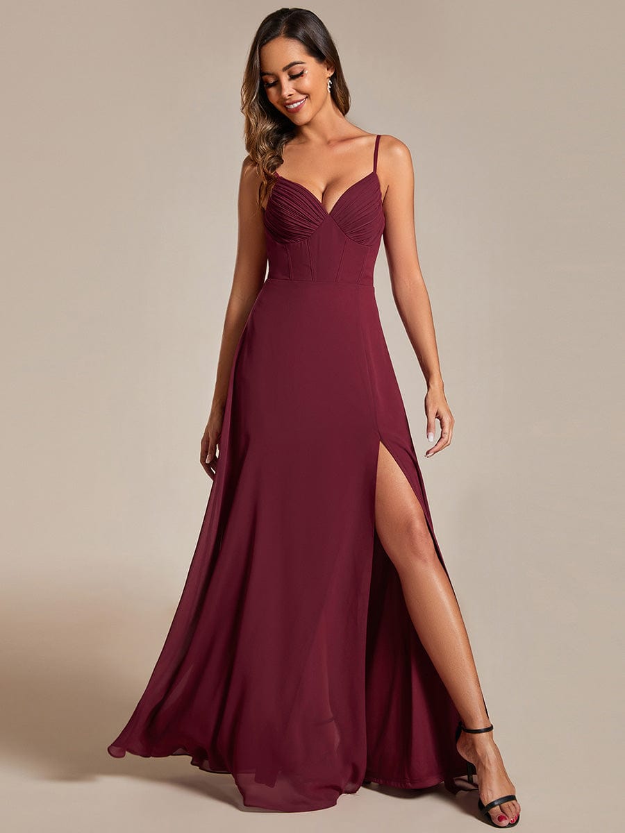 V-Neck Spaghetti Strap Chiffon Bridesmaid Dress with High Slit