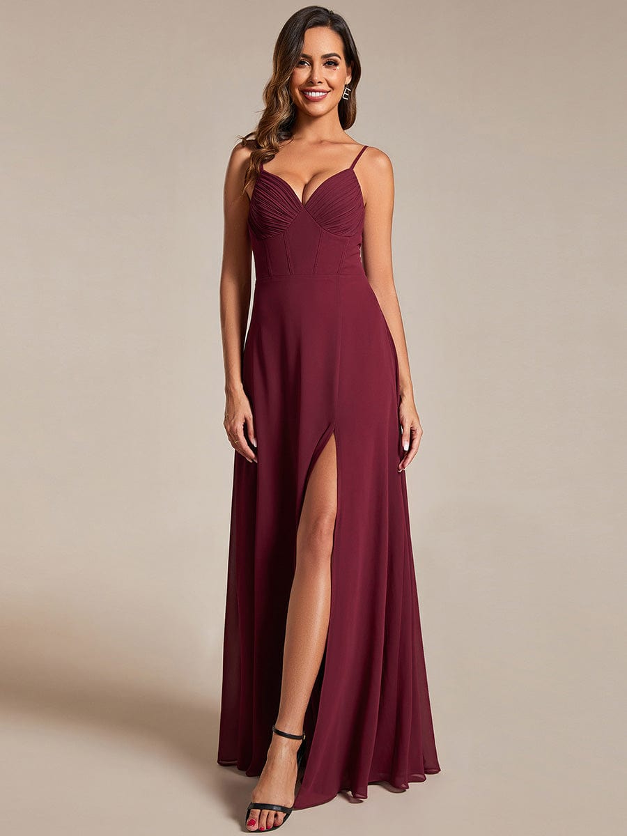 V-Neck Spaghetti Strap Chiffon Bridesmaid Dress with High Slit