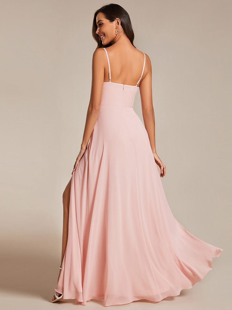 V-Neck Spaghetti Strap Chiffon Bridesmaid Dress with High Slit