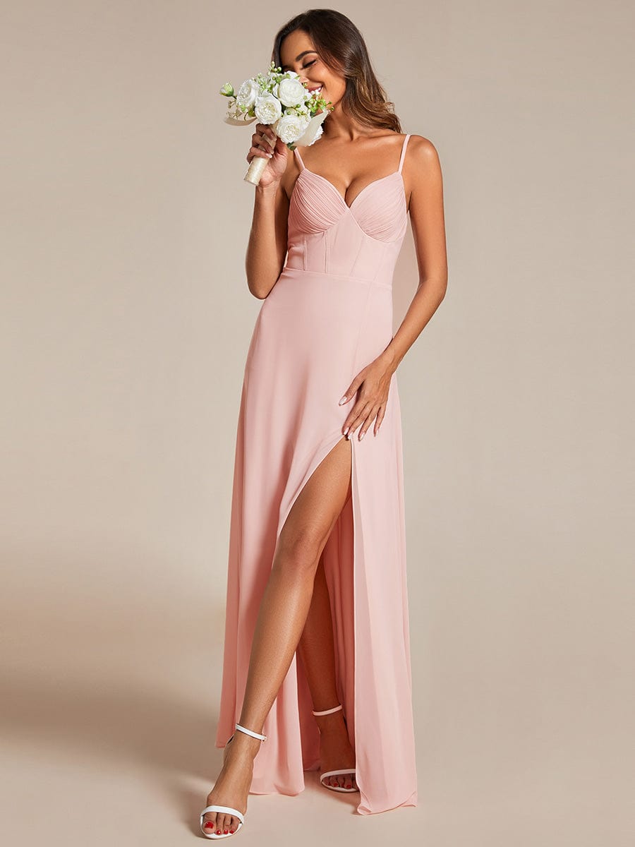 V-Neck Spaghetti Strap Chiffon Bridesmaid Dress with High Slit