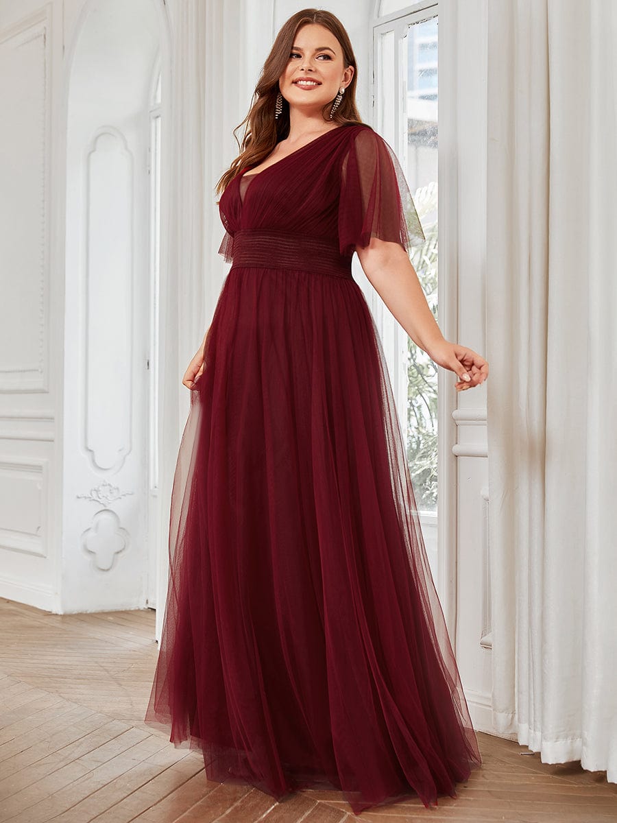 Plus Size A-Line Short Sleeve V-Neck Tulle Bridesmaid Dress