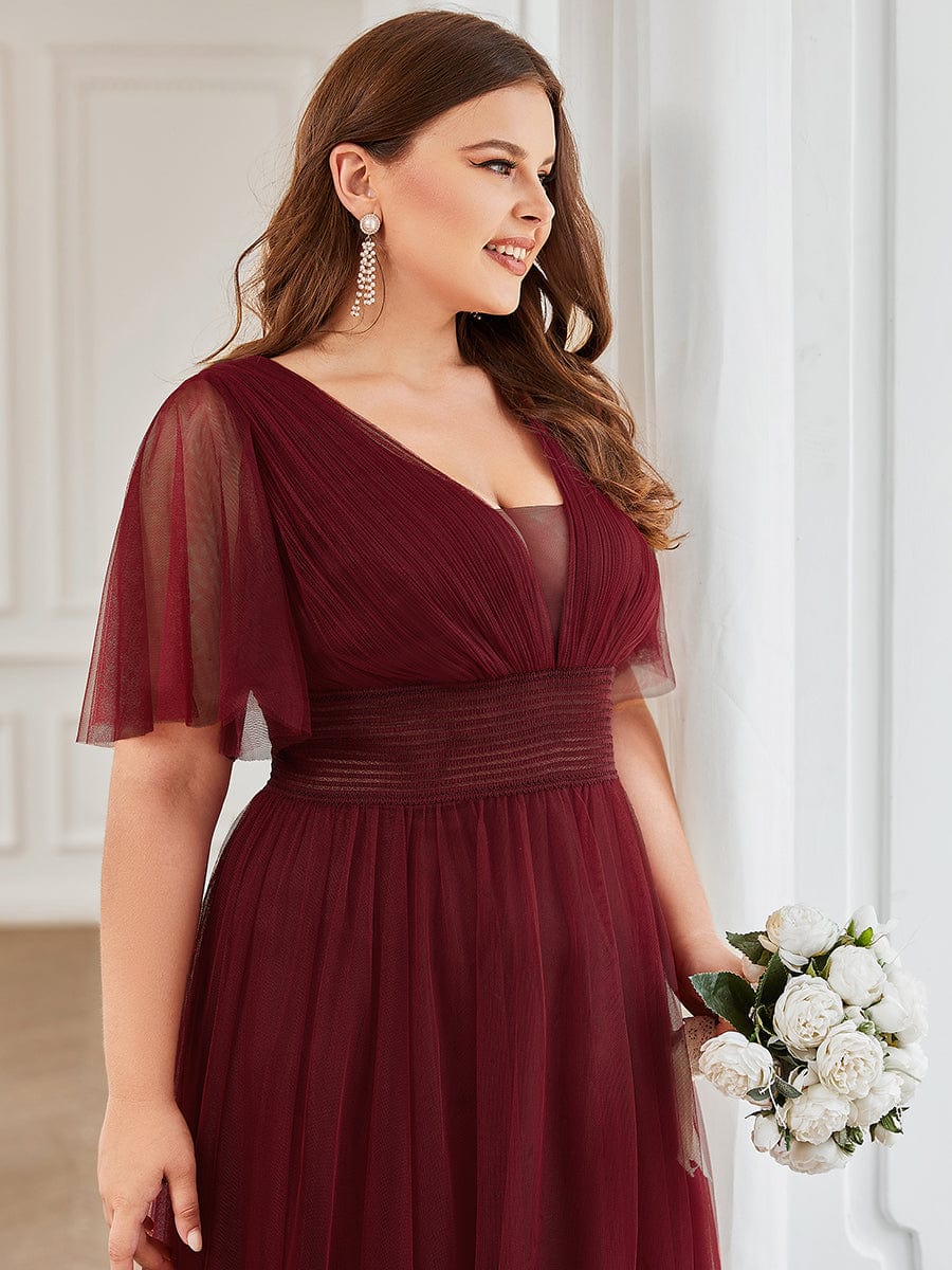 Pleated A-Line Short Sleeve Double V-Neck Tulle Bridesmaid Dress