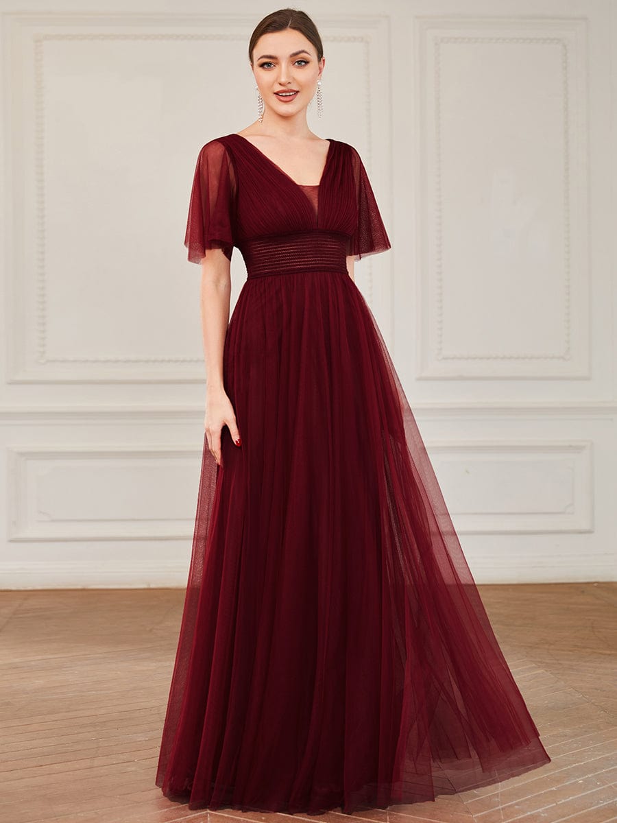 Pleated A-Line Short Sleeve Double V-Neck Tulle Bridesmaid Dress