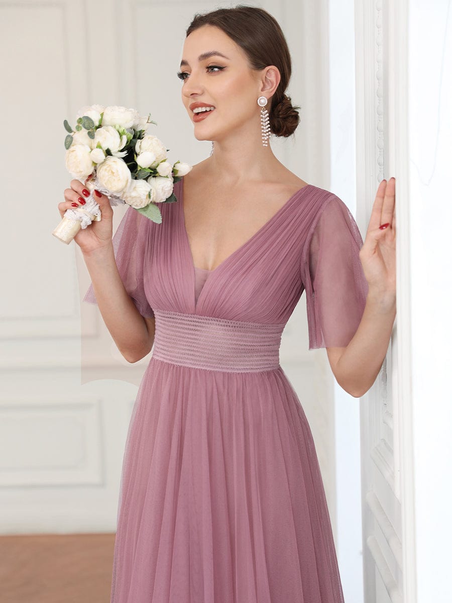 Pleated A-Line Short Sleeve Double V-Neck Tulle Bridesmaid Dress