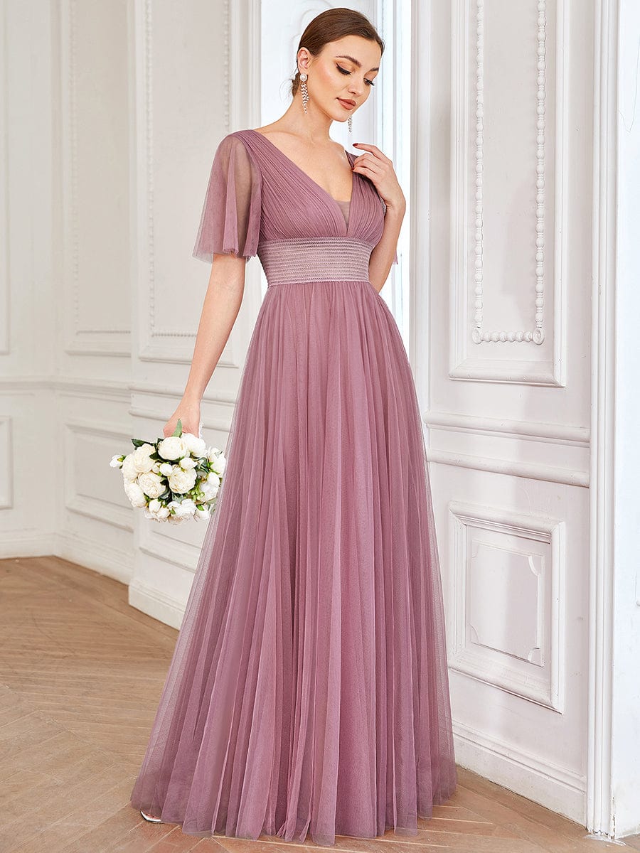 Pleated A-Line Short Sleeve Double V-Neck Tulle Bridesmaid Dress