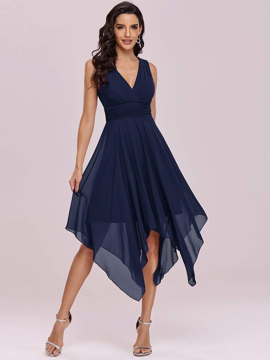 Simple V-Neck Irregular Hem Chiffon Midi Bridesmaid Dress