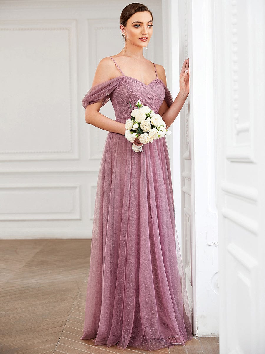 Custom Size Tulle Sweetheart Spaghetti Strap Draped Sleeve Bridesmaid Dress