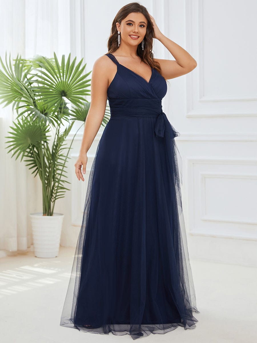 Plus Size Maxi Long Double V Neck Tulle Bridesmaid Dresses