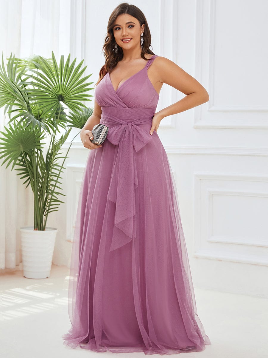 Plus Size Maxi Long Double V Neck Tulle Bridesmaid Dresses