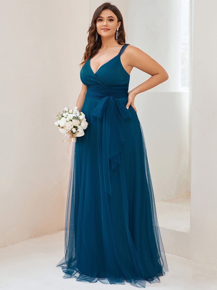 Floor Length Double V Neck Tulle Bridesmaid Dresses