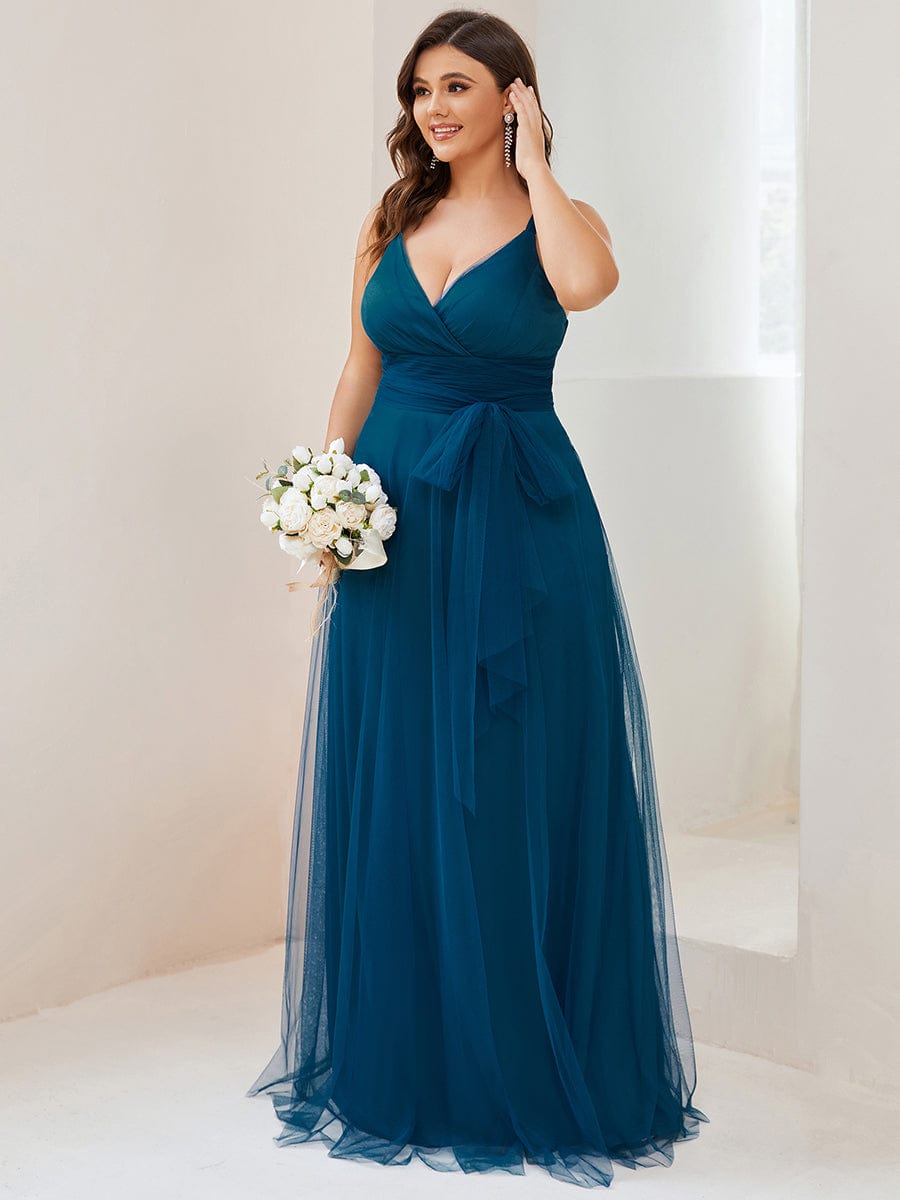 Plus Size Maxi Long Double V Neck Tulle Bridesmaid Dresses