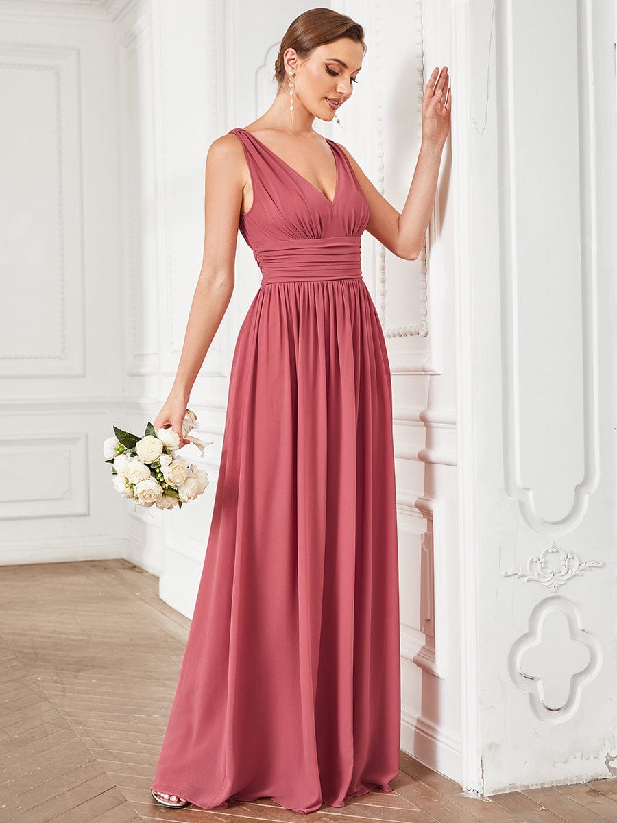 V Neck Sleeveless Pleated Chiffon Evening Dress