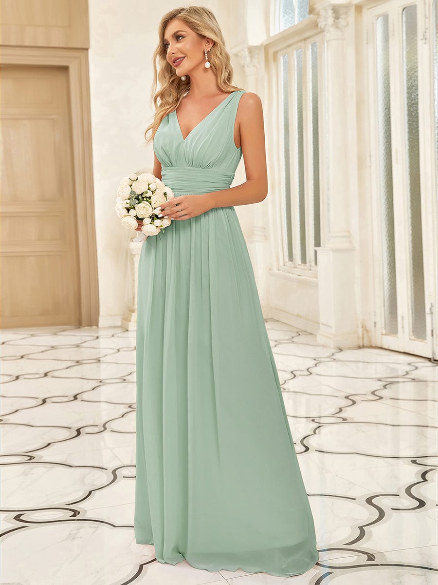 V Neck Sleeveless Pleated Chiffon Evening Dress