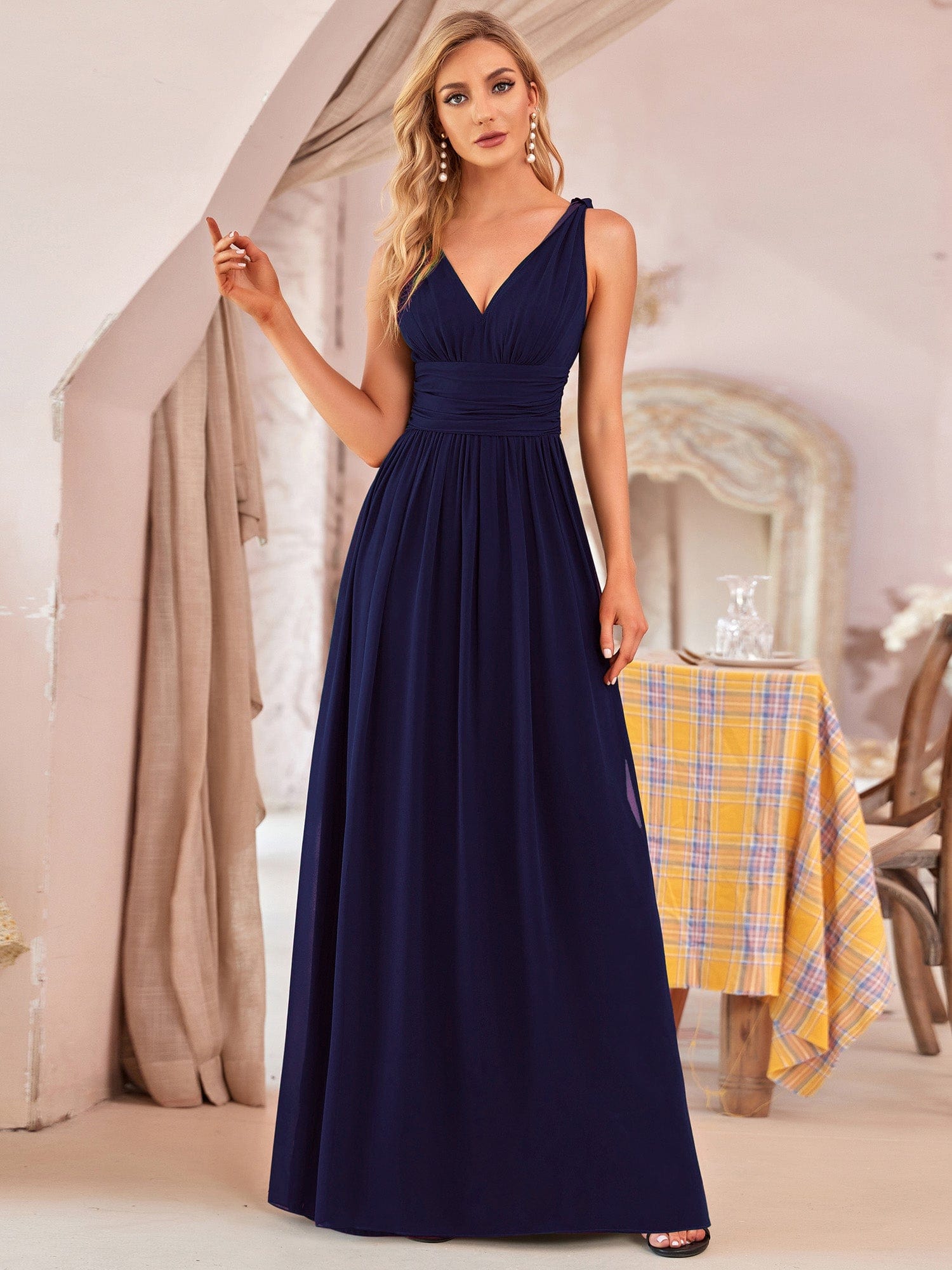 V Neck Sleeveless Pleated Chiffon Evening Dress