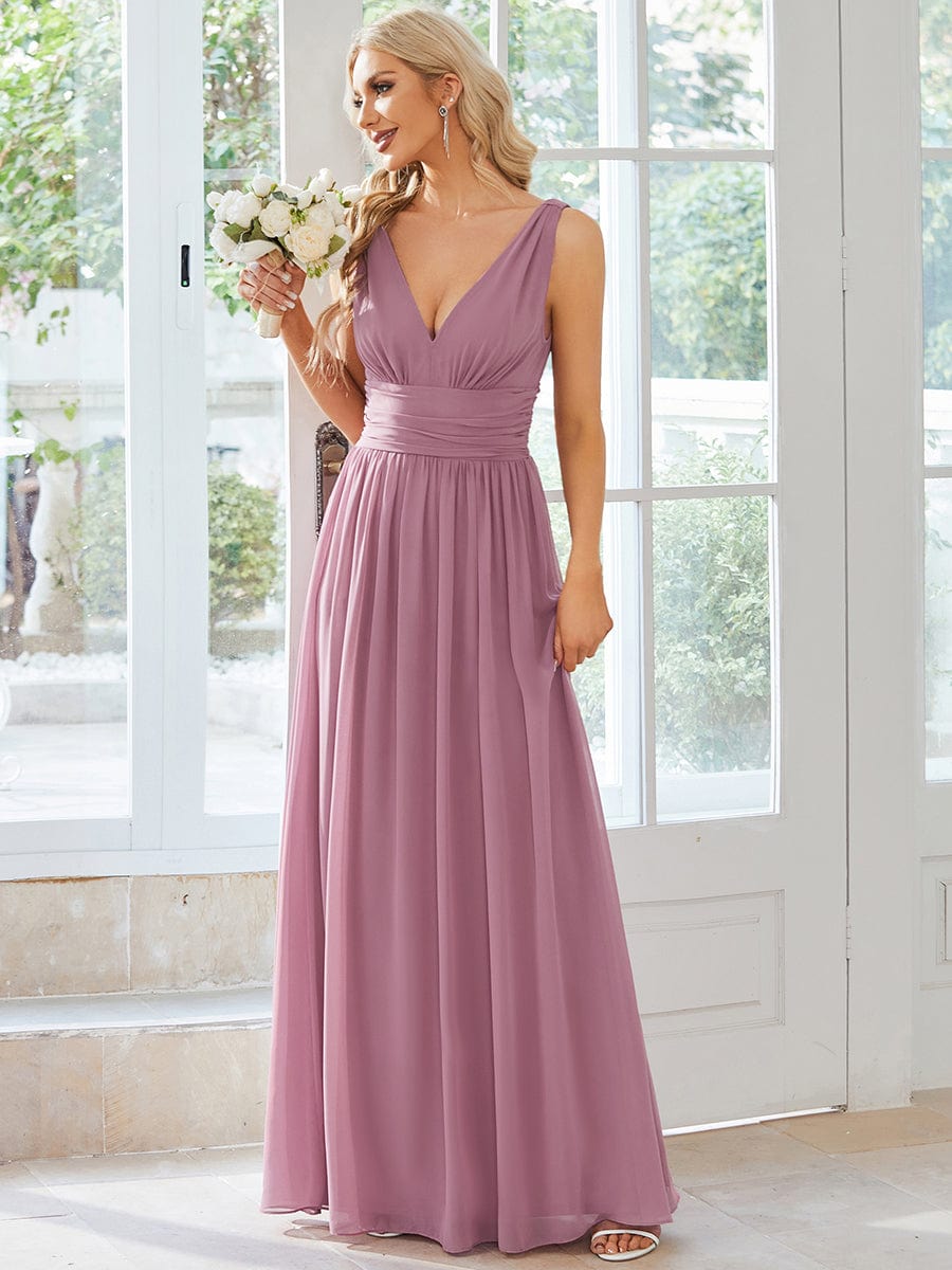 V Neck Sleeveless Pleated Chiffon Evening Dress