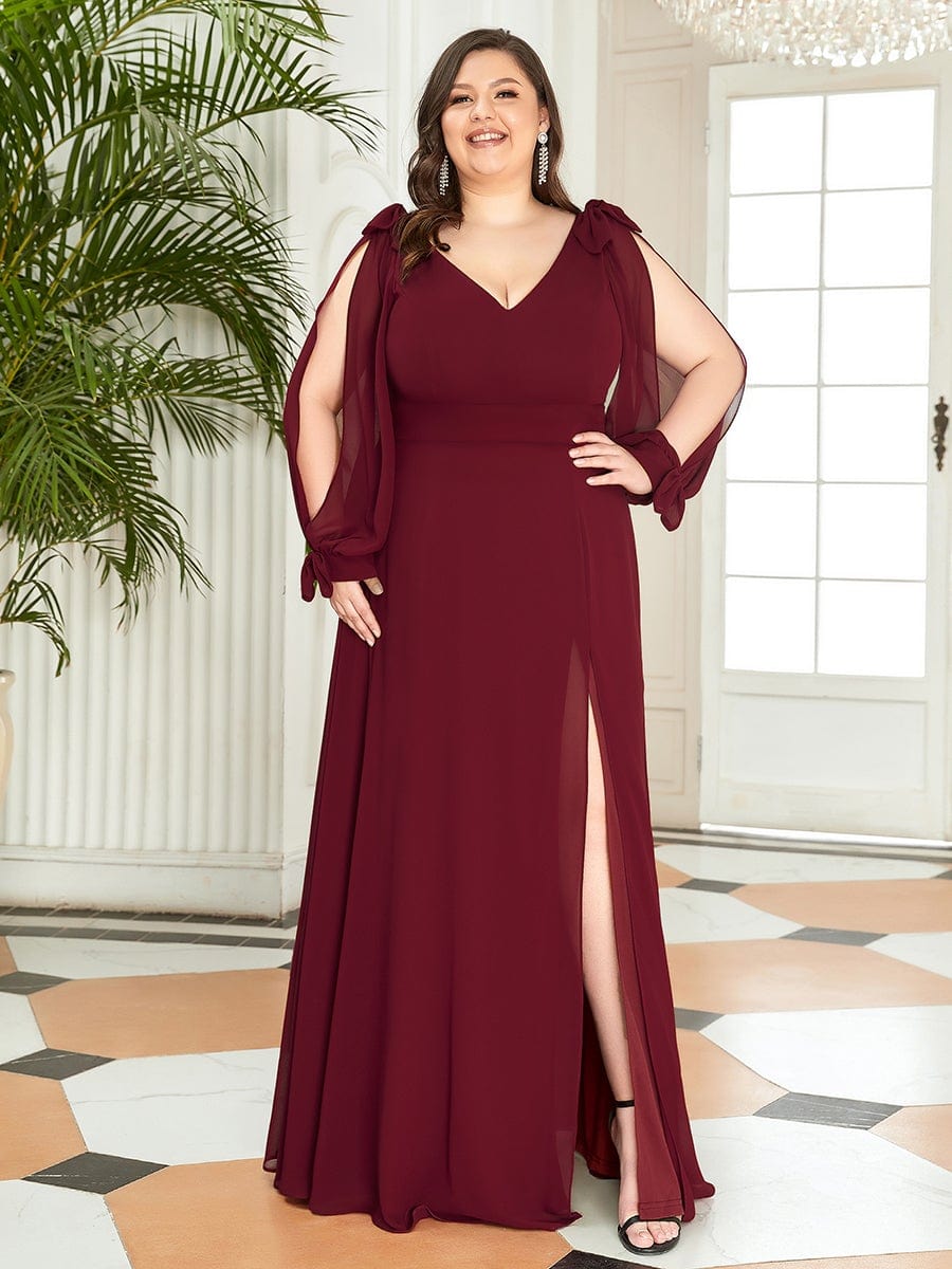 Plus Size Split Long Sleeve V-Neck Bridesmaid Dress