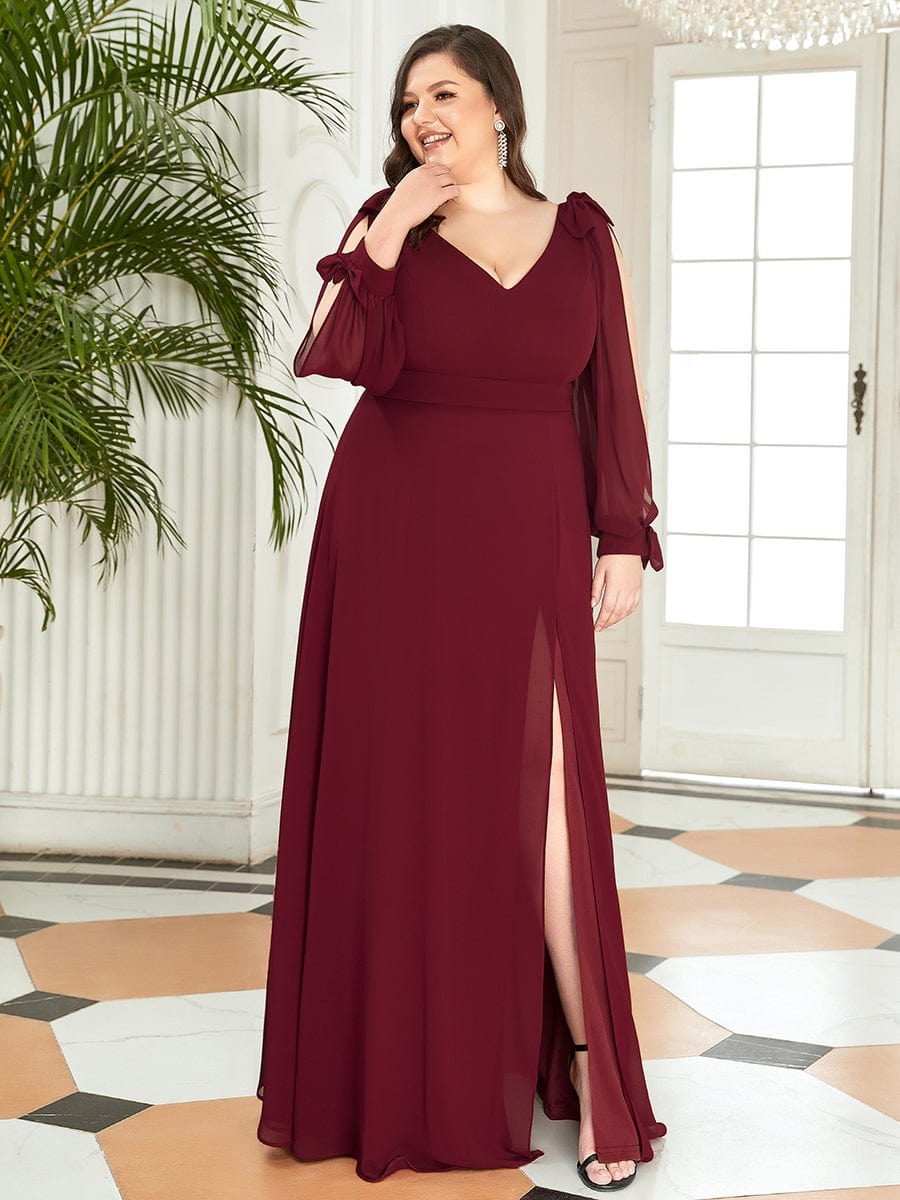 Plus Size Split Long Sleeve V-Neck Bridesmaid Dress