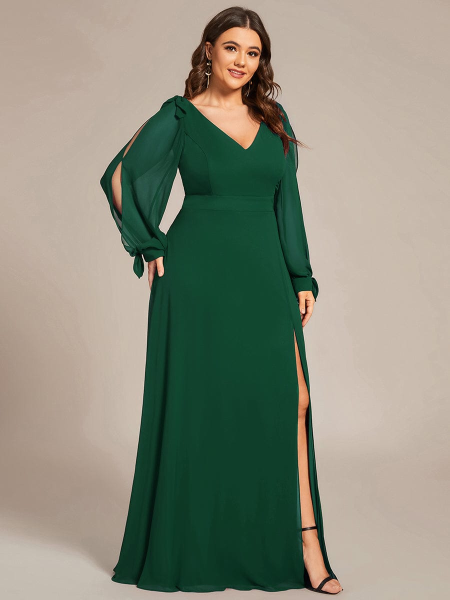 Plus Size Split Long Sleeve V-Neck Bridesmaid Dress