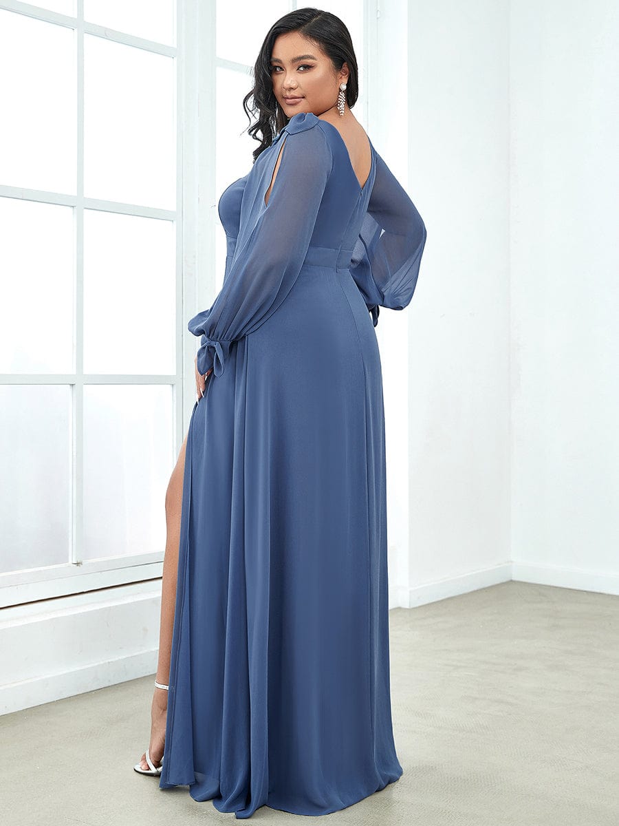 Gentle Split Low Back Thigh Slit Long Sleeve Wedding Guest Dress