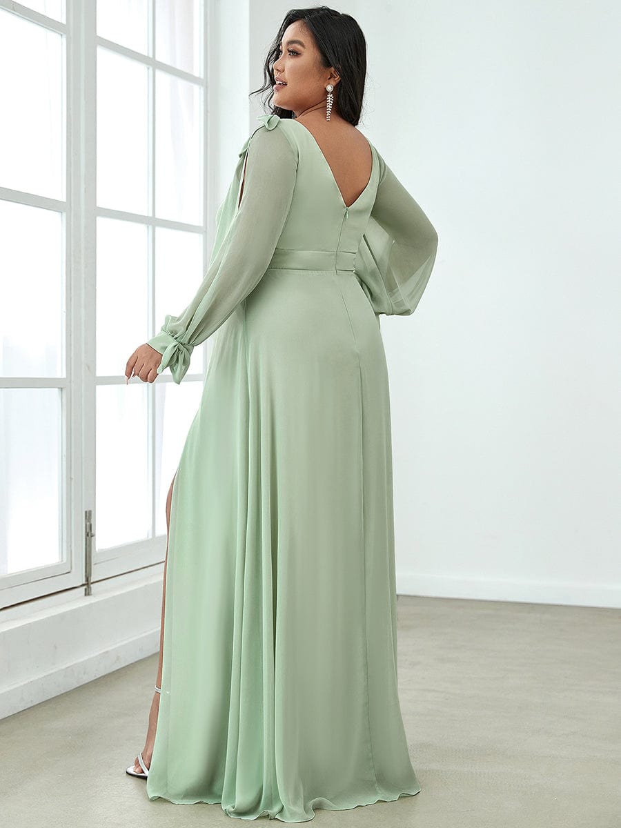 Gentle Split Low Back Thigh Slit Long Sleeve Wedding Guest Dress