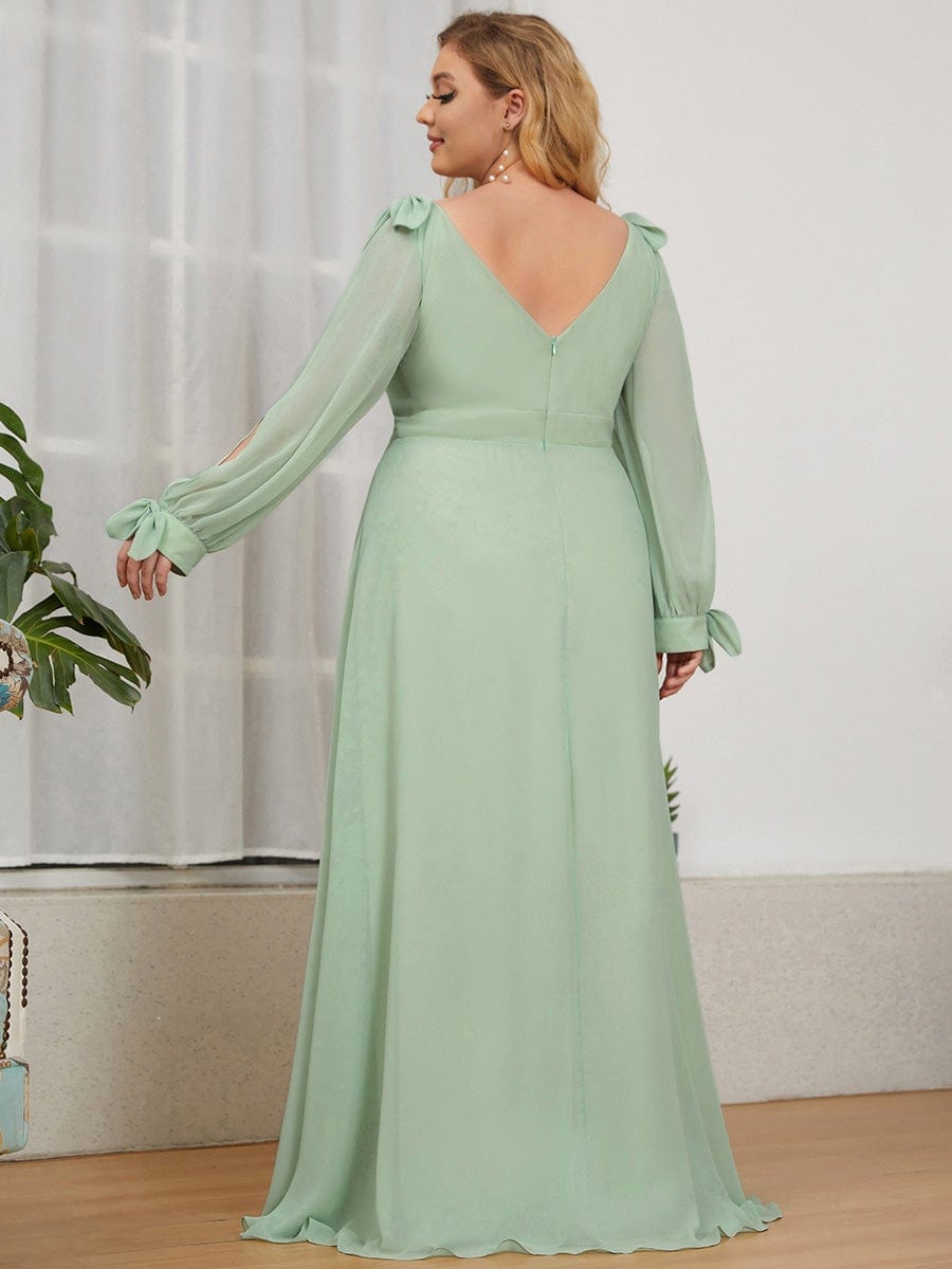 Plus Size Split Long Sleeve V-Neck Bridesmaid Dress