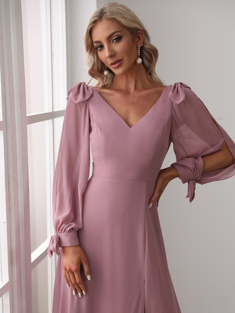 Gentle Split Low Back Thigh Slit Long Sleeve Wedding Guest Dress