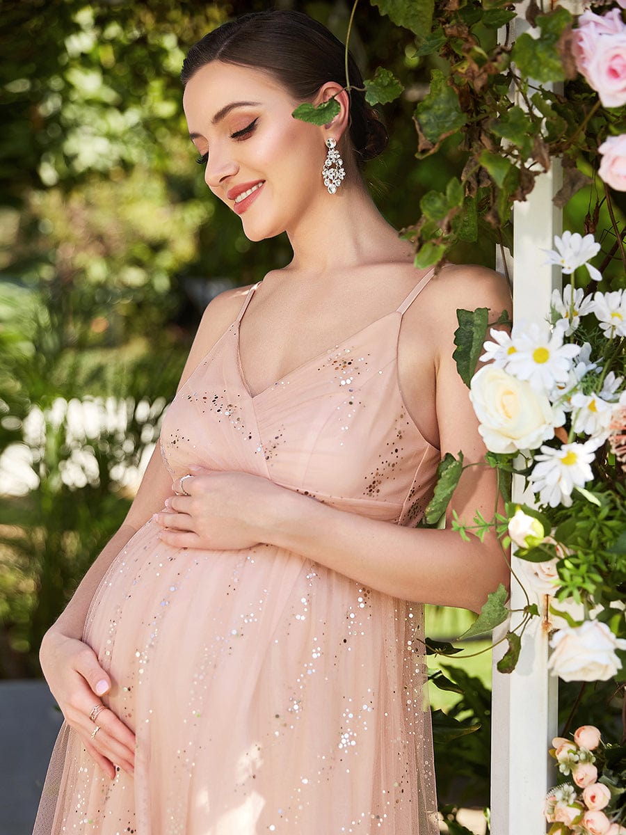 Spaghetti Strap Scattered Sequins V-neck Floor Length Maternity Dress