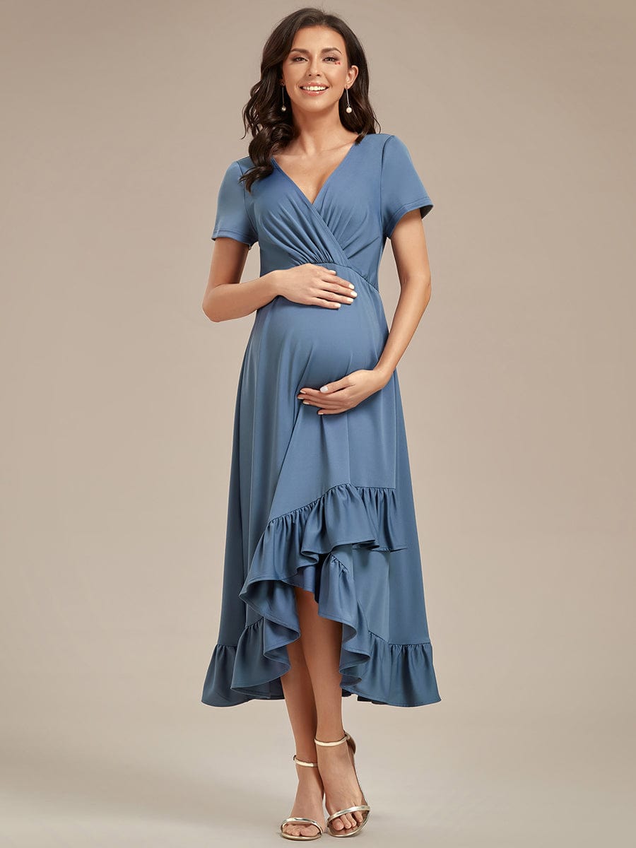 Stylish V-Neck Maternity Dress with Ruffles High Low Hemline