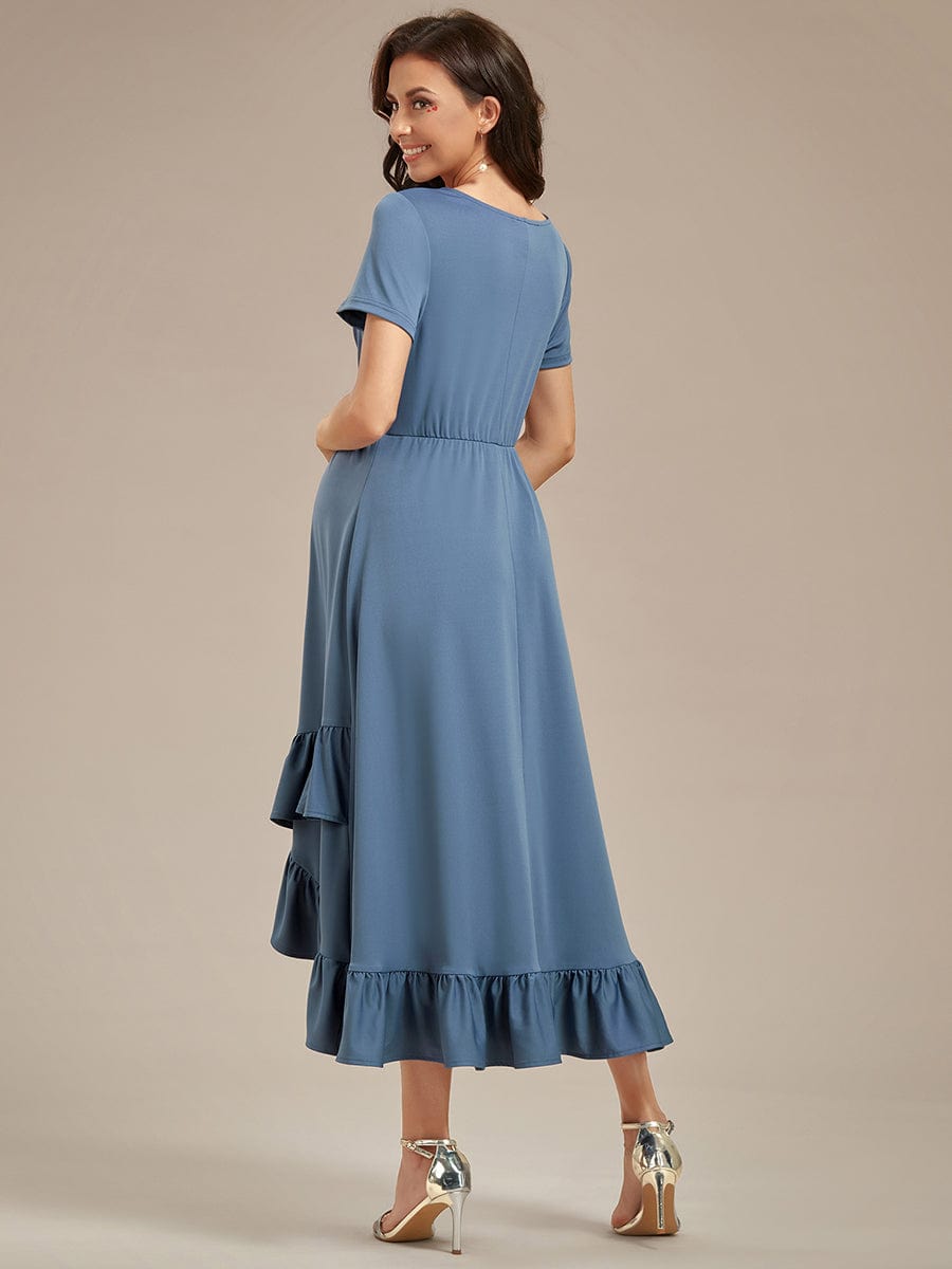 Stylish V-Neck Maternity Dress with Ruffles High Low Hemline