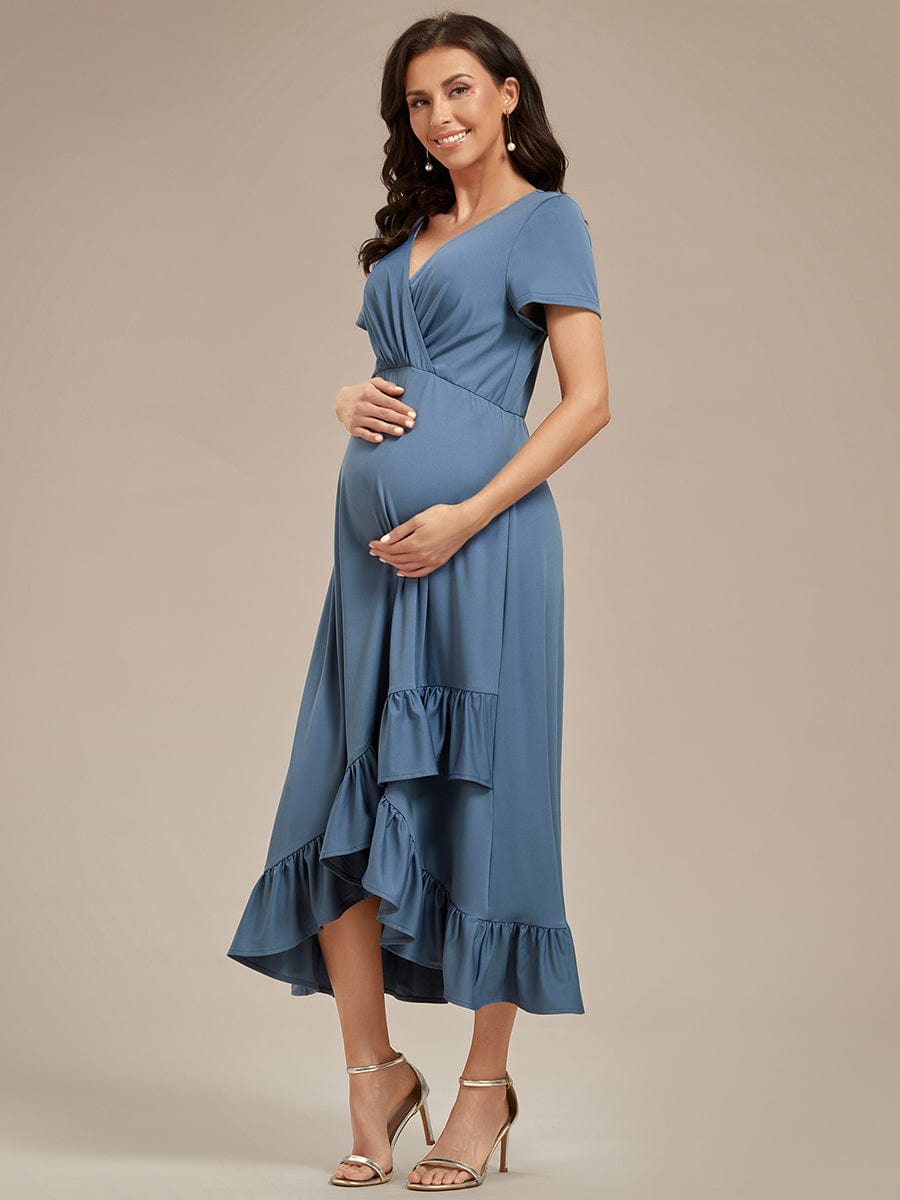 Stylish V-Neck Maternity Dress with Ruffles High Low Hemline