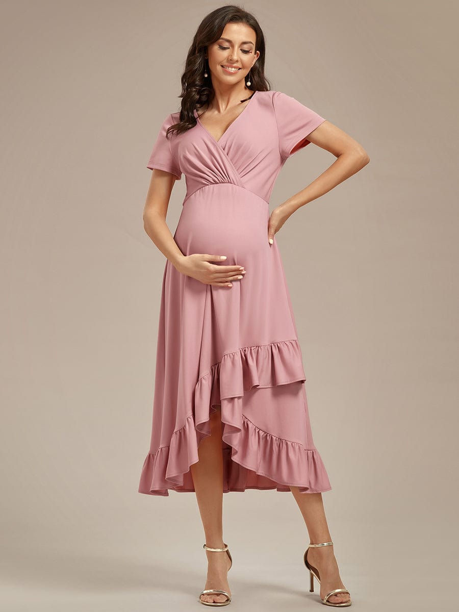 Stylish V-Neck Maternity Dress with Ruffles High Low Hemline