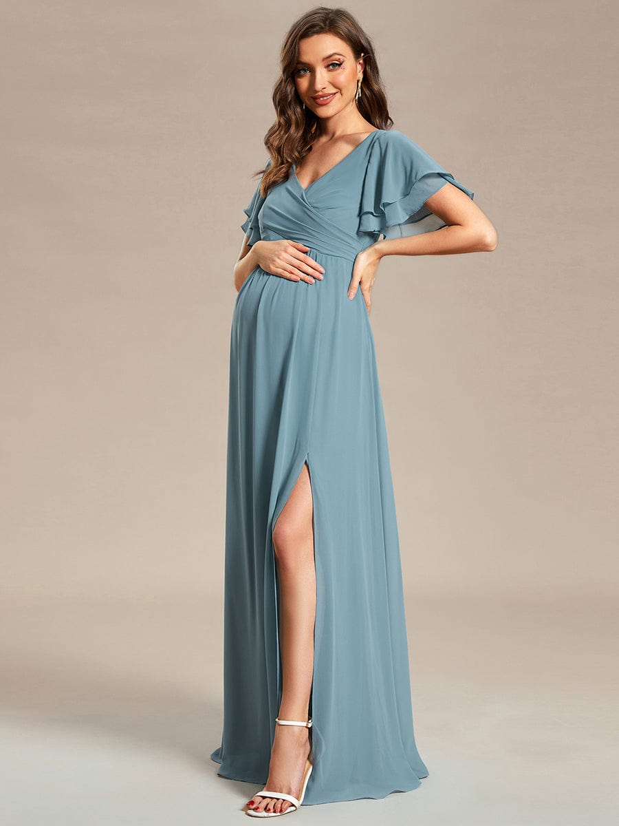 Ruffles Sleeve Front Slit Pleated Chiffon Maternity Dress